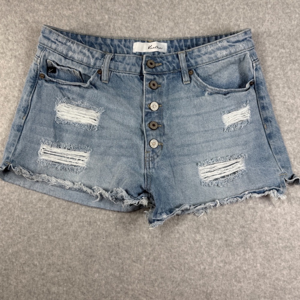 KanCan Distressed Denim Shorts Women Sz L Light Blue Excellent Button Fly Cutoff